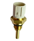 Temperature sensor with white plastic connector and brass threaded sensor body (front view)
