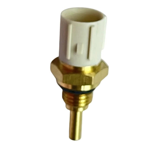 Temperature sensor with white plastic connector and brass threaded sensor body (front view)
