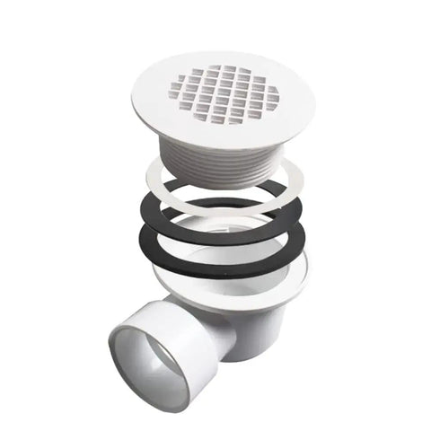 Low Profile Shower Base Drain With Perforated Strainer 1.5 Inch Side Outlet PVC Drain assembly showing gaskets and outlet