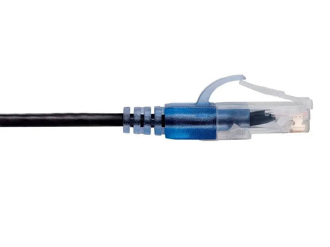 Close-up of SlimRun Cat6A Patch Ethernet Cable Snagless Narrow Boot UTP 550MHz 10G 30AWG 1 Foot Black for High Density Racks and Fast Home Network