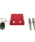 Heavy Duty Aluminum OBD Port Lock With Security Screw Tool Kit includes red lock, security key, and hex bits.
