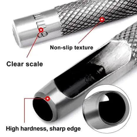 Close-up of 12 mm Round Hole Punch For Leather, Watch Bands, Belts, Canvas, Paper, and Plastics showing non-slip texture and sharp edge.