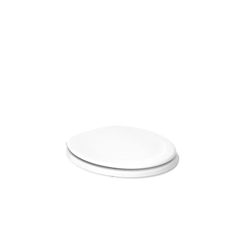 Stonewood Round Wood Toilet Seat With Color Matched Hinges For Standard Toilets White Compression Molded Wood Design Delivers A Durable Quiet Comfortable Upgrade For Any Bathroom showing top view of closed seat