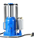 Front view of blue VEVOR 32-ton air-hydraulic bottle jack with side pneumatic pump