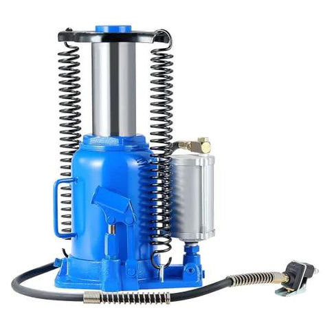 Front view of blue VEVOR 32-ton air-hydraulic bottle jack with side pneumatic pump
