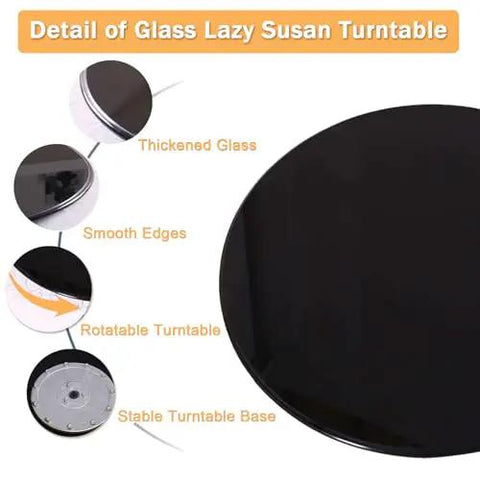 Detail of 39 Inch Glass Lazy Susan Turntable With Six Super Slick Wheels showing thickened glass, smooth edges, and stable base.