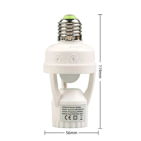 Hands Free Motion Sensor Light Socket E27 With PIR Bulb Holder Adapter 100 To 240 Volt Auto On Off, 119mm white