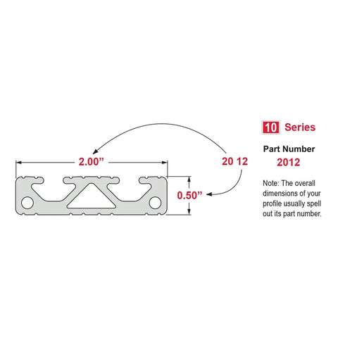 Tough As Nails T Slotted Aluminum Extrusion Linear Rail Bar dimensions drawing, size 2 by 0.5 inches, for quick frame builds.