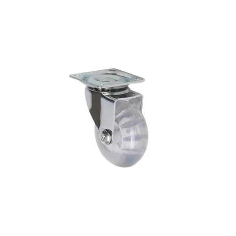 Side view of a single wheel from 4 Pack 2 Inch PU Transparent Crystal Stem Casters With Brakes For Furniture Universal Wheels For Cabinets And Desks Slick Quiet