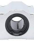 Rugged And Reliable Heavy Duty Smooth Glide Linear Motion Ball Bearing Slide Block Bushing For SCS20UU Linear Shaft CNC And 3D Printer Mods In Clean Silver front view showing the black inner bearing.