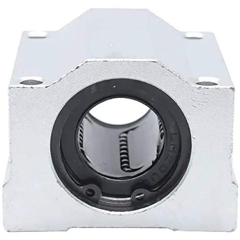 Rugged And Reliable Heavy Duty Smooth Glide Linear Motion Ball Bearing Slide Block Bushing For SCS20UU Linear Shaft CNC And 3D Printer Mods In Clean Silver front view showing the black inner bearing.