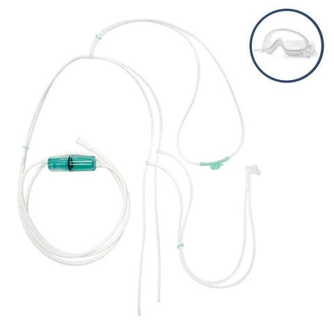 3-In-1 Hydrogen Inhalation Goggles with tubing, showing connector for H2 generators, adjustable strap for eye fit and facial relaxation