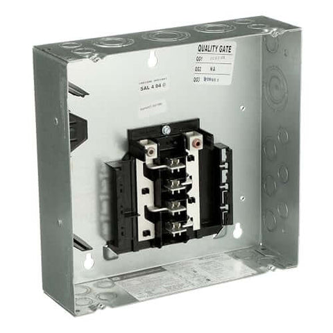 Interior view of Single 125A Outdoor Main Lug Load Center, 8 Spaces / 16 Circuits, Weatherproof NEMA 3R panel, 22,000 AIC rated.