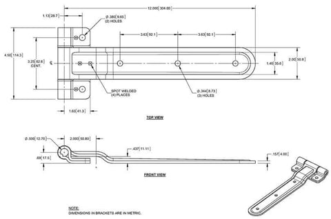 Technical drawing of Fold Down Strap Reverse Hinge for cargo trailers, 12-inch zinc-plated steel, universal fit for narrow door frames.