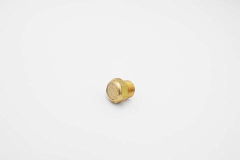 Close-up of a single Pneumatic Air Muffler Silencer with beefy brass and sintered bronze, 1/8 inch NPT thread, for solenoids, low noise performance.