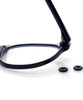 Five Pair Eyeglass Hinge Tightener Rings With Precision Driver To Lock Your Specs Down And Stop Constant Slipping Durable Silicone Anti Slip Sleeve Kit next to black eyeglass frame.