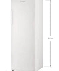 Straight Up Spacious 11 Cubic Foot Upright Freezer With Built In Drawer Organizer And Easy Manual Defrost, white finish and dimensions displayed.