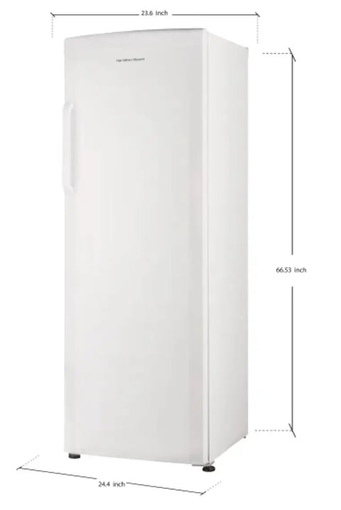 Straight Up Spacious 11 Cubic Foot Upright Freezer With Built In Drawer Organizer And Easy Manual Defrost, white finish and dimensions displayed.