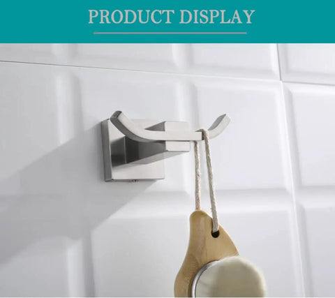 Slick Brushed Stainless Steel Double Robe Hooks With No Hassle Wall Mount For Bathroom And Shower Beefy Coat And Hat Hangers Modern Compact Design Quick Install Four Pack Hardware Set displaying a hooked brush.