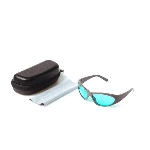 Heavy Duty Red Laser Safety Glasses With OD4 Plus Rating For 600 To 700Nm Ranges Delivering Fifty Percent Light Transmittance And Kickass Photonic Optics Rigged Tough For Active Job Sites with storage case and cleaning cloth.