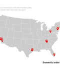 Map of the United States showing locations of 10 warehouses for domestic order deliveries