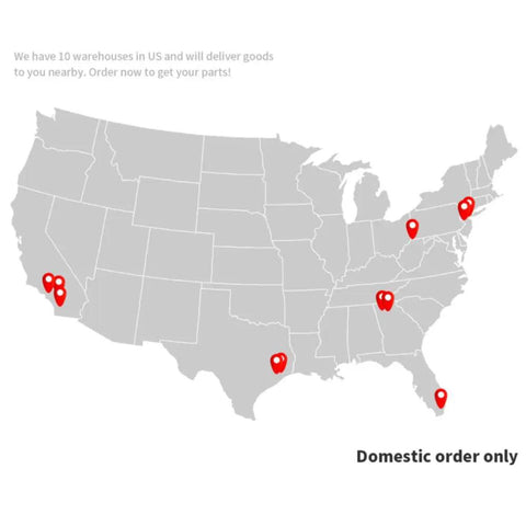 Map of the USA showing 10 warehouse locations for domestic orders.