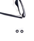 Five Pair Eyeglass Hinge Tightener Rings With Precision Driver To Lock Your Specs Down And Stop Constant Slipping Durable Silicone Anti Slip Sleeve Kit. Close-up of black eyeglasses with two silicone hinge rings.