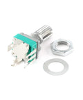 10 Pack B10K Precision Vertical Single-Gang Potentiometer With 15mm Shaft, 3-Pin 10K Ohm Variable Resistor For Top Notch Audio DIY Electronics And Home Appliance Control, showing the potentiometer and included hardware.