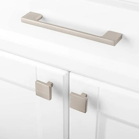 10 Pack 5 Inch Brushed Nickel Kitchen Cabinet Pulls, Silver Nickel Hardware on white cabinet with top notch edges, durable solid metal.