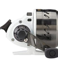 Side view of Max Pro Spincast Reel Size 10 QuadCam Pickup System Teflon Twin Cam, lightweight aluminum body with machined spool.