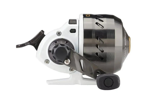 Side view of Max Pro Spincast Reel Size 10 QuadCam Pickup System Teflon Twin Cam, lightweight aluminum body with machined spool.