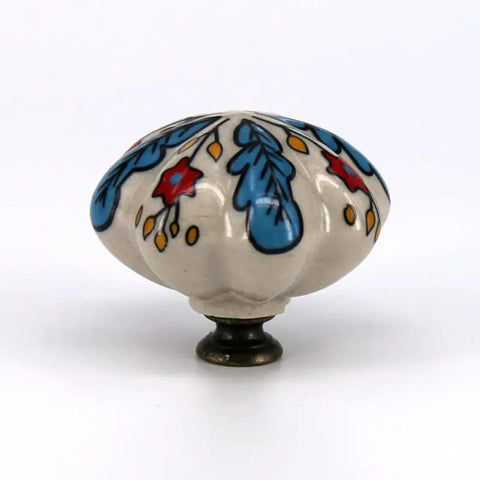 Snazzy Vintage Ceramic Door Knobs With Handpainted Blue Leaf And Bright Red Flower Pattern For Cabinet Drawers Closets And Custom Diy Wood Finish Projects, side view showing detailed design.