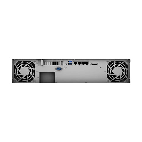 Rear view of Heavy Duty Rack Mount NAS Server Bundle With Rail Kit Ryzen Quad Core CPU, ports and cooling fans visible.