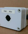 Industrial control panel enclosure used but fully functional shown on cardboard surface with forward and reverse labels