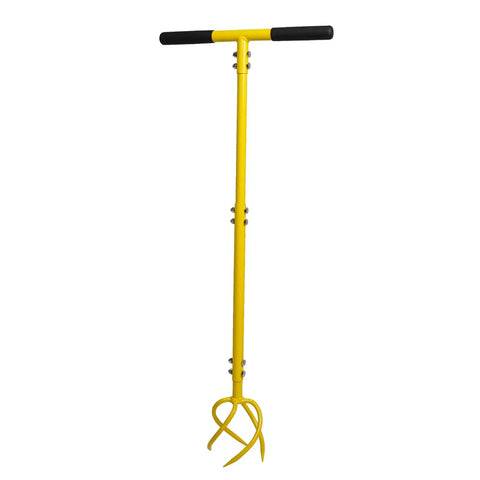Garden Hand Tiller Claw With Wide Longer Tines Dig In Deep Twist Tiller Cultivator yellow with black grips on both ends.