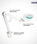 XL Bifocals 1200 Lumens LED Magnifying Lamp With Clamp, flexible swivel arm, adjustable head, 6-inch lens, side view.