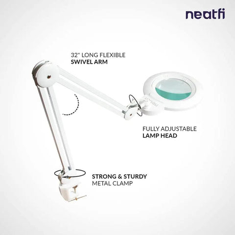 XL Bifocals 1200 Lumens LED Magnifying Lamp With Clamp, flexible swivel arm, adjustable head, 6-inch lens, side view.