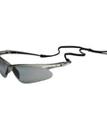 Heavy Duty Safety Glasses With Hard Coated Anti Scratch Polarized Lenses For Crisp Vision And Slip On Fit Ansi Z87 Certified Eye Protection That Handles The Daily Grind Pack Of 12 For Work Sites, showing smoke lens and neck strap.