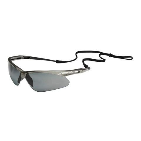 Heavy Duty Safety Glasses With Hard Coated Anti Scratch Polarized Lenses For Crisp Vision And Slip On Fit Ansi Z87 Certified Eye Protection That Handles The Daily Grind Pack Of 12 For Work Sites, showing smoke lens and neck strap.