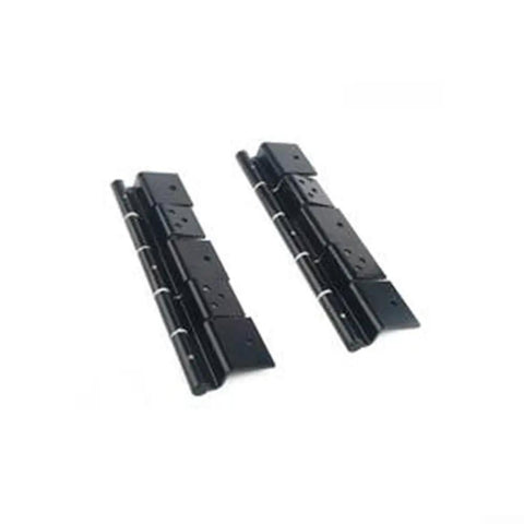 Rock Solid Aluminum RV Door Hinges Complete Replacement Kit For Fifth Wheels And Motorhomes, two black aluminum hinges.