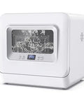 Totally Hassle Free Countertop Dishwasher Scraping Away Tough Messes Fast With Four Place Settings And Five Auto Wash Cycles Plus Smooth Touch Screen Controls And Baby Care Cycle in white with display.