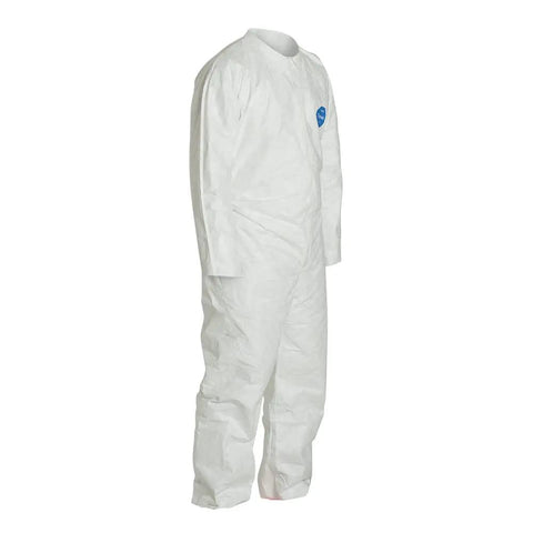 Disposable Protective Coverall White X Large Pack Of 25 for comfortable fit with open wrists made from high density polyethylene