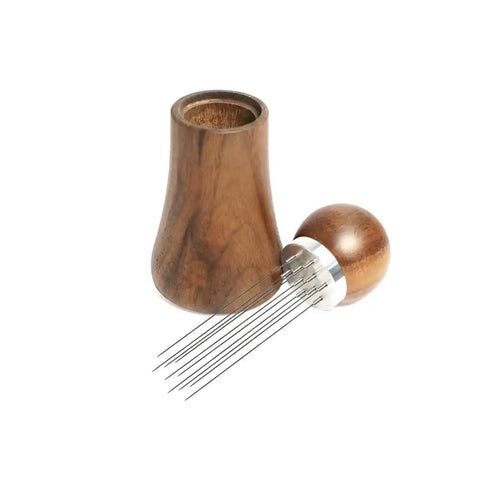 Precision Espresso Stirrer Needles With 0.4mm Stainless Tips And Natural Wood Handle, includes cleaning stand shown.