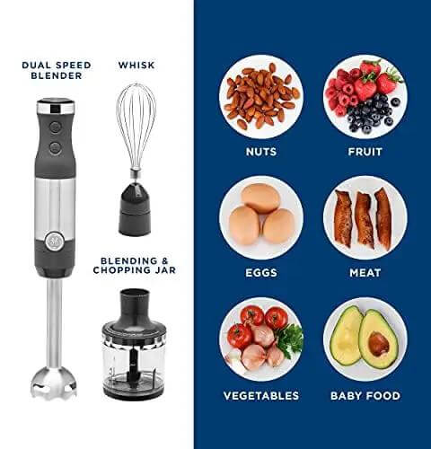 No Sweat 500 Watt Stainless Steel Immersion Blender With Removable Whisk And Spout Blending Jar For Thick Smoothies Quick Purees And Bold Homemade Sauces Dual Speed Hand Blender Kit with whisk and food items.