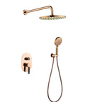 Top Shelf Thermostatic Shower System Wall Mount Concealed Set Rose Gold Bathtub Mixer Tap with adjustable head and hose.