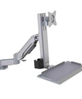 Dual Monitor Arm Stand With Smooth Glide Height Adjust And Rock Solid Swivel Grip For Displays Up To 32 Inch showing silver aluminum frame with keyboard tray.