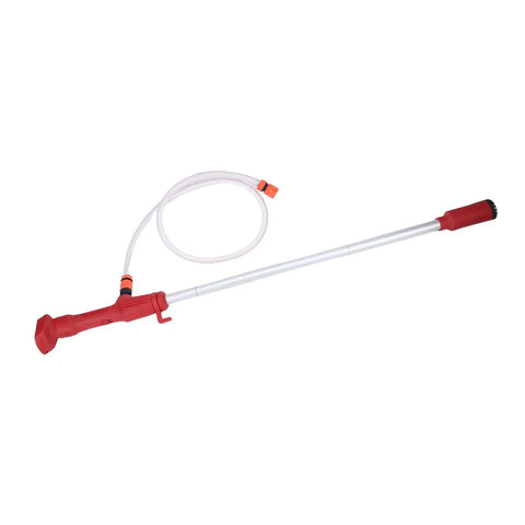Portable cordless stick water transfer pump with a red handle and hose for yard flooding management, 554 gallons per hour.