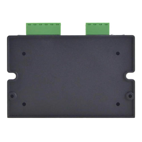 Stepper motor driver module in a black enclosure with two green terminal blocks on top; 1/64 micro-step, 0.3–2.2A, 10–30VDC.