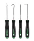 Front view: 4-piece automotive pick and hook set with green/black handles and stainless steel tips
