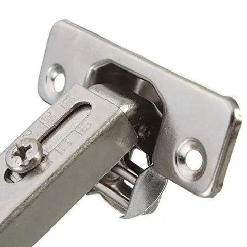Close-up of corner folded cabinet door hinge for kitchen and bathroom cupboard, 2 hole mount, durable aluminum alloy construction